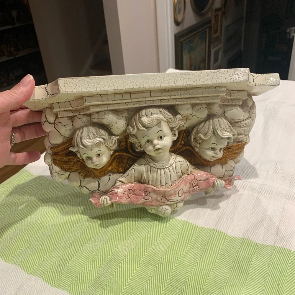 Vintage Shabby pink, Off white and gold cherubs and wall shelf